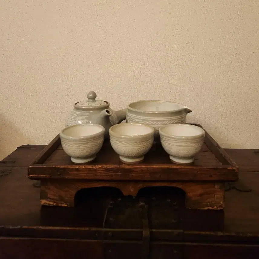 [BUNJANG] Unknown Artist Buncheong Inhwamun Tea Set / 작가작품 분청 인화문 3인다기 세트