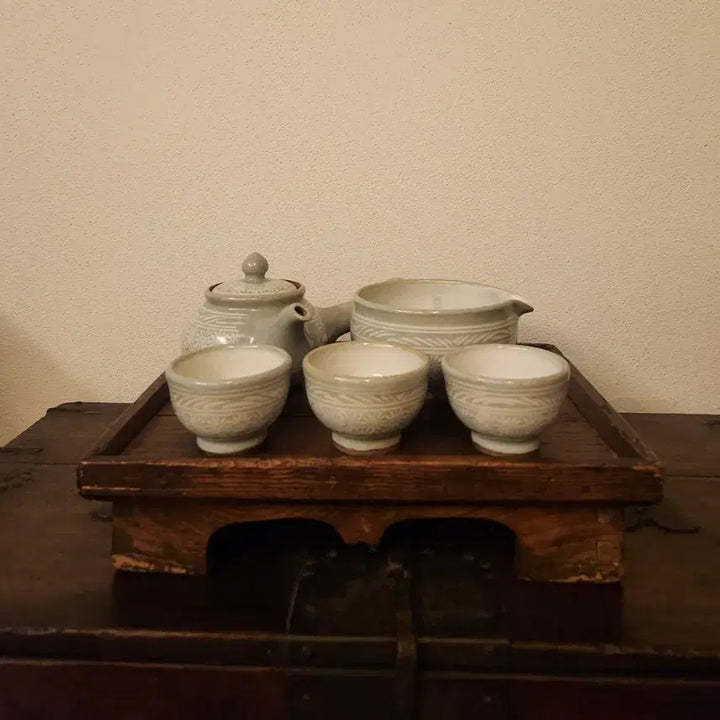 [BUNJANG] Unknown Artist Buncheong Inhwamun Tea Set / 작가작품 분청 인화문 3인다기 세트