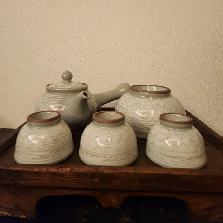 [BUNJANG] Unknown Artist Buncheong Inhwamun Tea Set / 작가작품 분청 인화문 3인다기 세트
