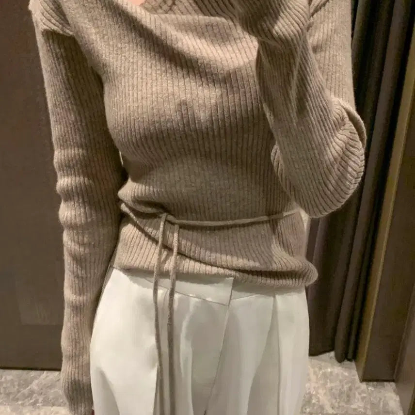 [BUNJANG] Obzest Twist Wool Ribbed Knit Sweater / [새상품]오브제스트 어깨 꼬임 울 니트 골지 니트 허리 벨트 오프넥 니트