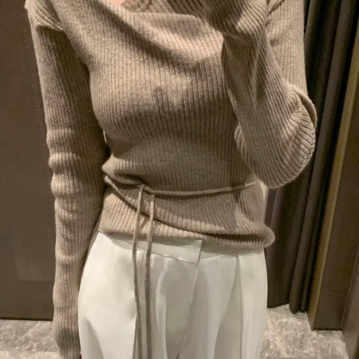 [BUNJANG] Obzest Twist Wool Ribbed Knit Sweater / [새상품]오브제스트 어깨 꼬임 울 니트 골지 니트 허리 벨트 오프넥 니트