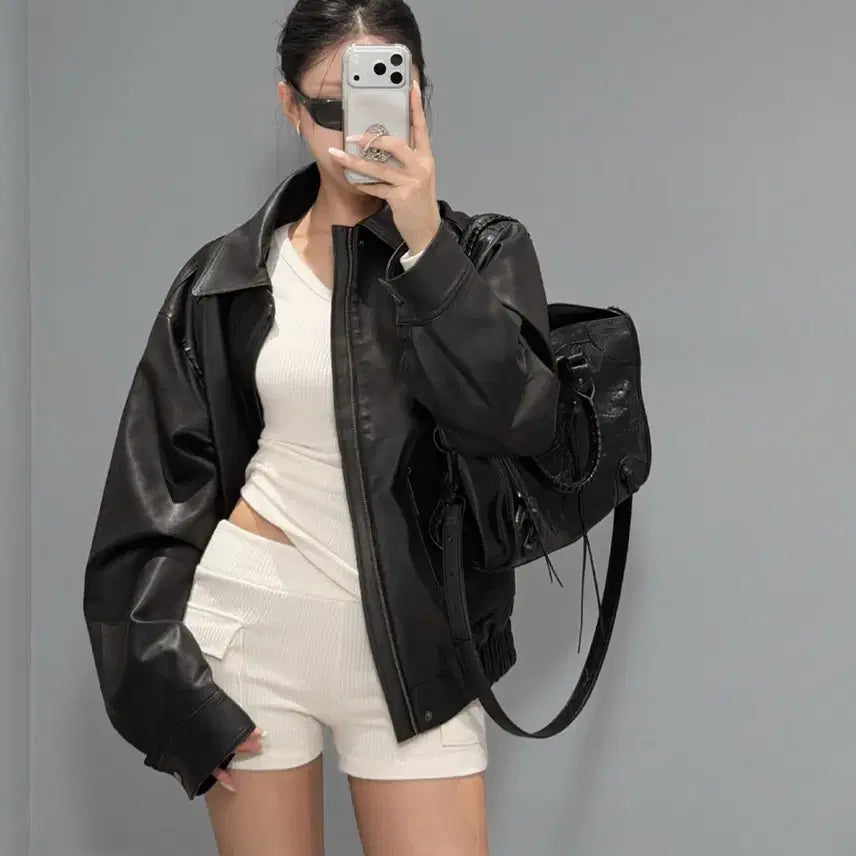 [BUNJANG] VIVNLUV Claire Oversized Leather Blouson Jacket / [새상품]비브앤러브 클레어 오버핏 레더 블루종 라이더 자켓