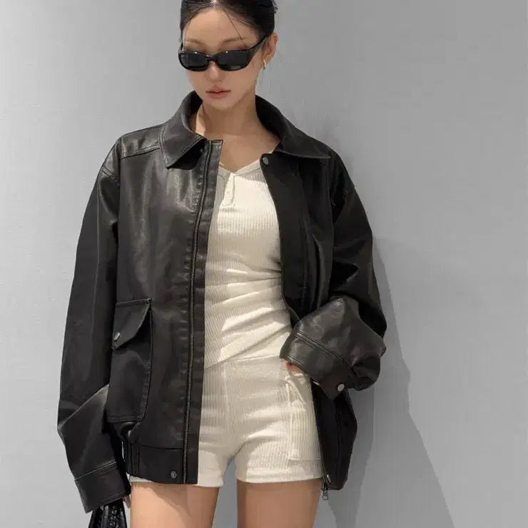 [BUNJANG] VIVNLUV Claire Oversized Leather Blouson Jacket / [새상품]비브앤러브 클레어 오버핏 레더 블루종 라이더 자켓
