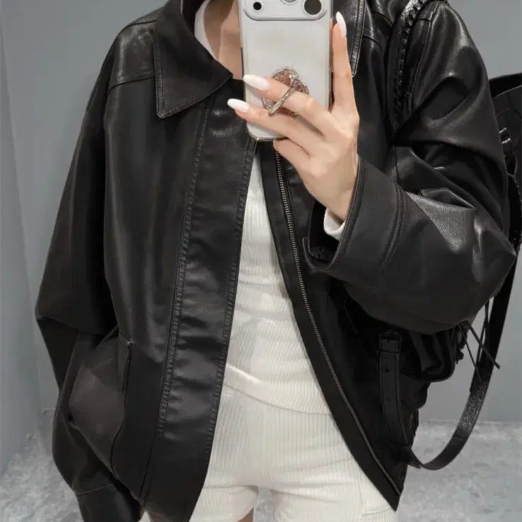 [BUNJANG] VIVNLUV Claire Oversized Leather Blouson Jacket / [새상품]비브앤러브 클레어 오버핏 레더 블루종 라이더 자켓