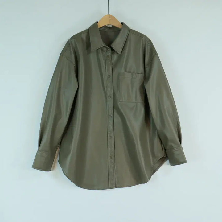 [BUNJANG] Eco-Leather Oversized Shirt Jacket / 그레이 에코레더 셔츠 자켓 오버핏 레더셔츠 간절기 아우터