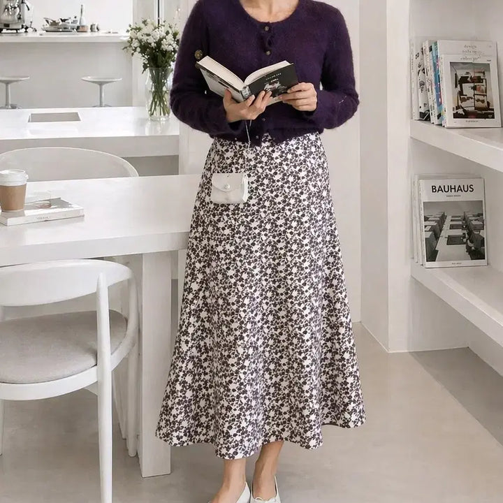 [BUNJANG] Purple Boucle Cardigan &amp; Ivory Long Skirt Set / 퍼플 부클가디건+아이보리 롱스커트 세트