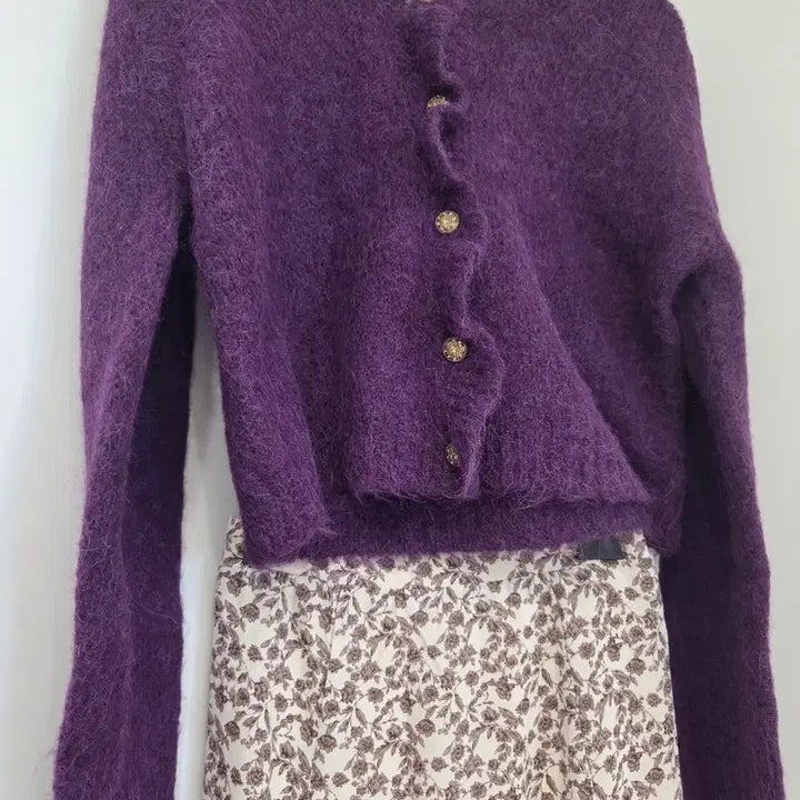 [BUNJANG] Purple Boucle Cardigan &amp; Ivory Long Skirt Set / 퍼플 부클가디건+아이보리 롱스커트 세트