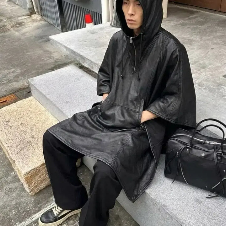 [BUNJANG] Hav Binard Leather Pullover Hoodie Poncho / 하브 비나르드 / 레더 풀오버 후디판초우