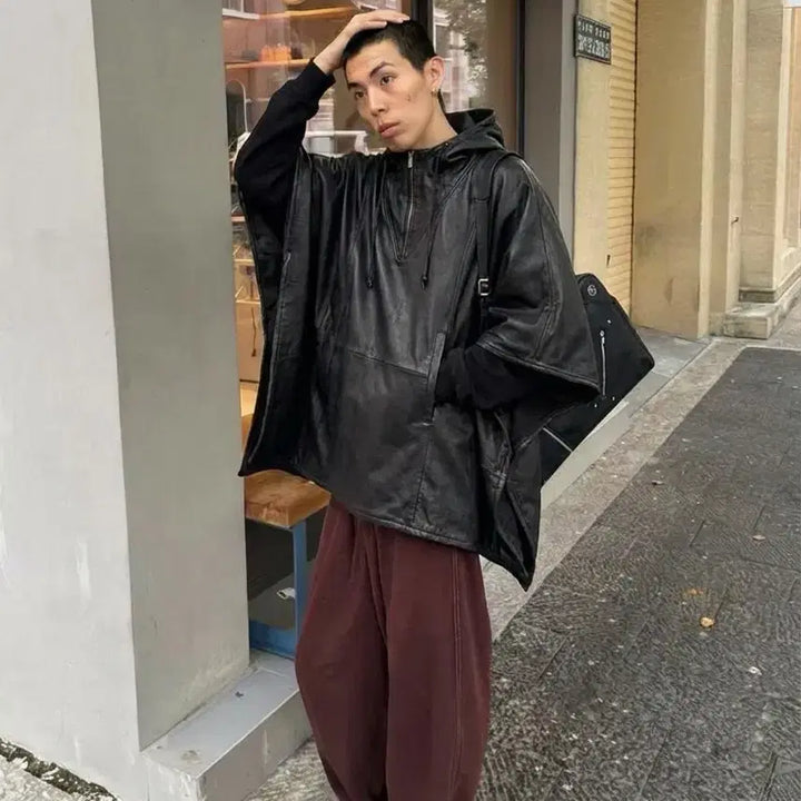 [BUNJANG] Hav Binard Leather Pullover Hoodie Poncho / 하브 비나르드 / 레더 풀오버 후디판초우