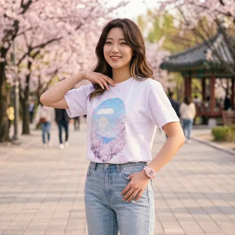 [BUNJANG] BAPE Sakura Mini T-shirt White (W) / 베이프 사쿠라 포토 에이프 헤드 미니 티셔츠 화이트(W) S