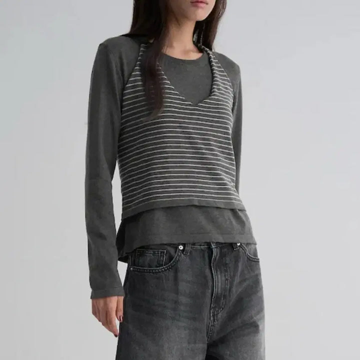 [BUNJANG] 8 Seconds Halter Neck Knit Layered Set / 에잇세컨즈 홀터넥 니트 레이어드 세트 나시 스트라이프
