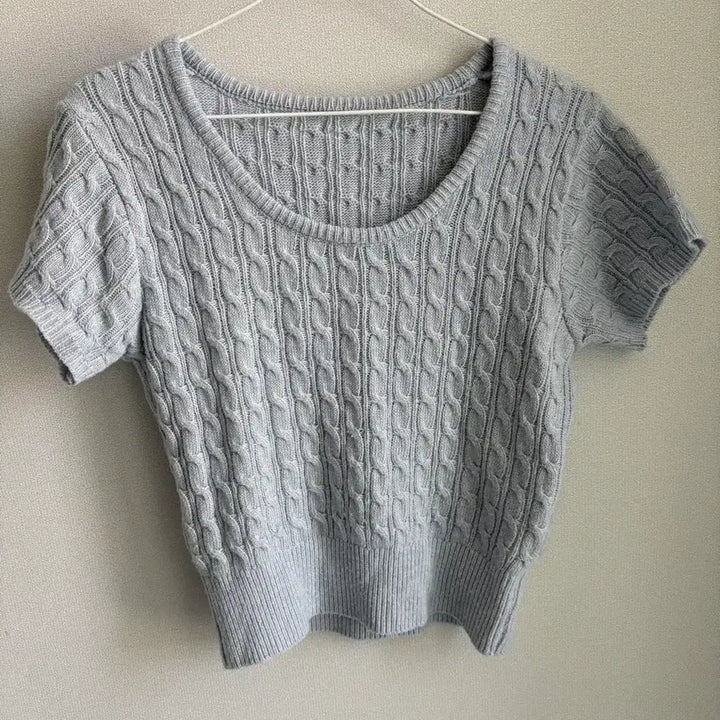 [BUNJANG] Cable Knit Sky Blue Short Sleeve Top / 케이블 니트 반팔