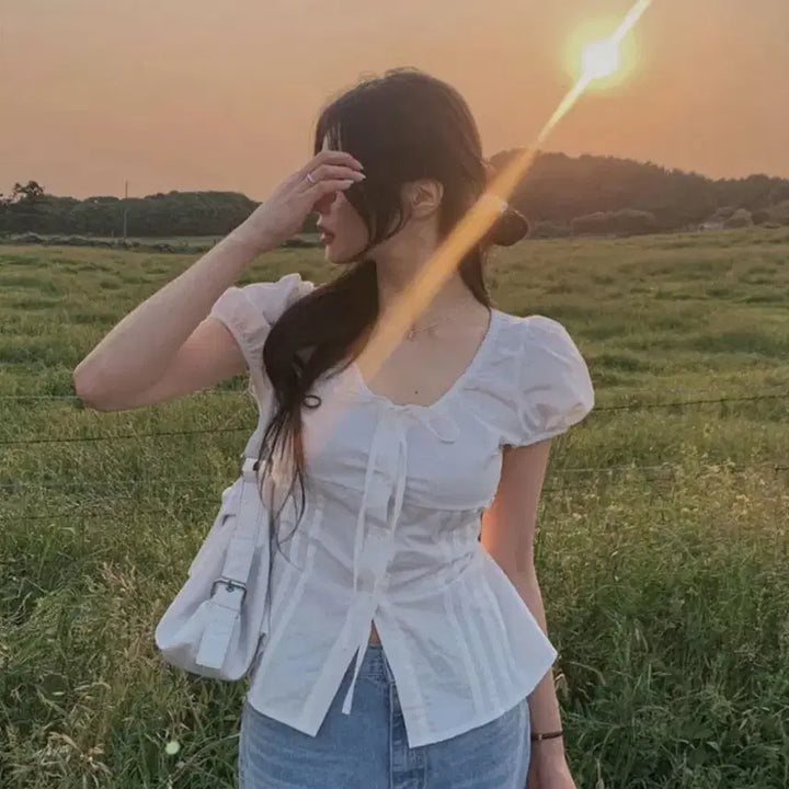 [BUNJANG] High Classic La Prairie Round Neck Ribbon Cap Sleeve Blouse / 하이클래식 라프리 라운드넥 리본 캡소매 퍼프 블라우스