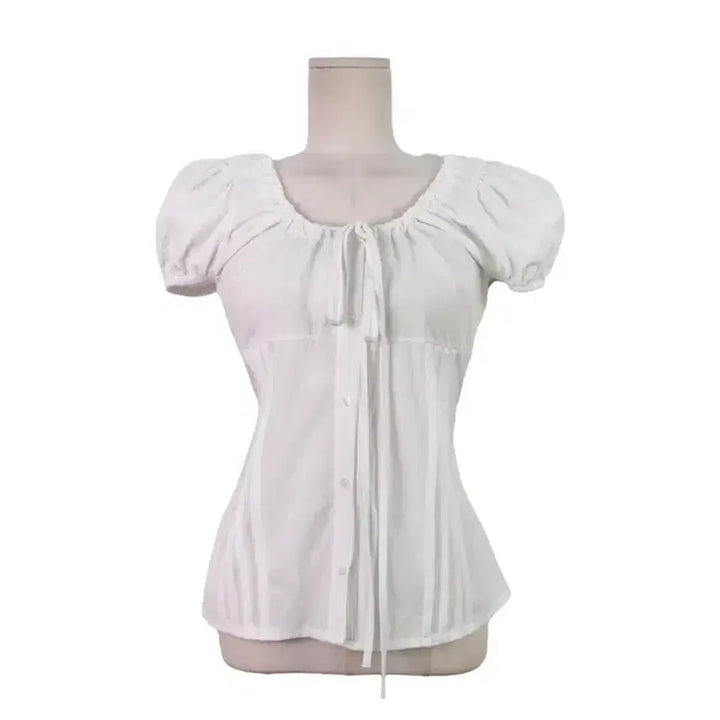 [BUNJANG] High Classic La Prairie Round Neck Ribbon Cap Sleeve Blouse / 하이클래식 라프리 라운드넥 리본 캡소매 퍼프 블라우스