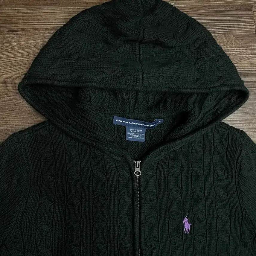 [BUNJANG] Polo Ralph Lauren Cable Knit Hoodie Zip Up Jacket / 폴로 랄프로렌 블랙 케이블 니트 후드집업