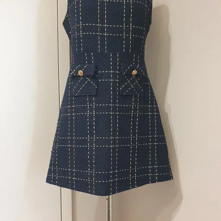 [BUNJANG] Navy Tweed Mini Dress / 체크 패턴 미니 원피스