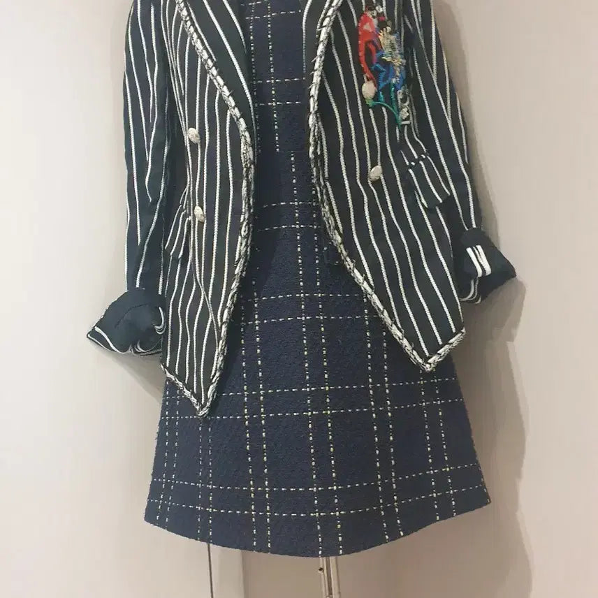 [BUNJANG] Navy Tweed Mini Dress / 체크 패턴 미니 원피스
