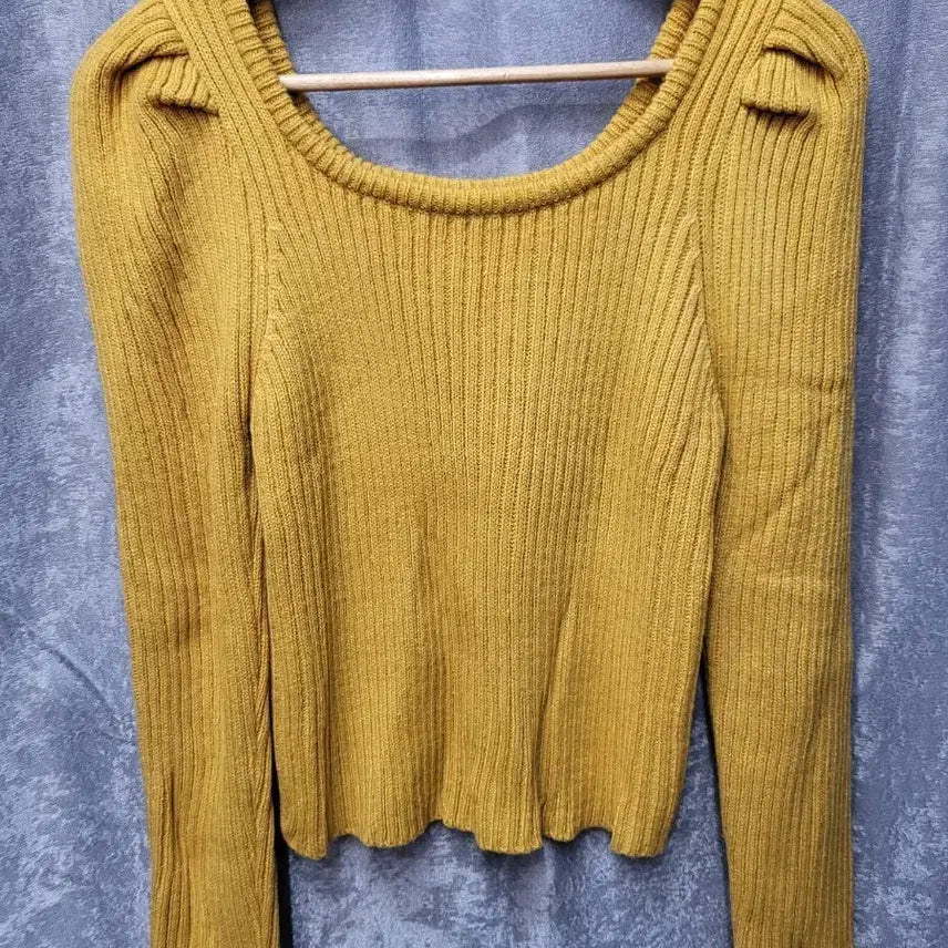[BUNJANG] Mustard Yellow Square Neck Ribbed Knit Sweater / 머스타드 옐로우 스퀘어넥 골지 니트