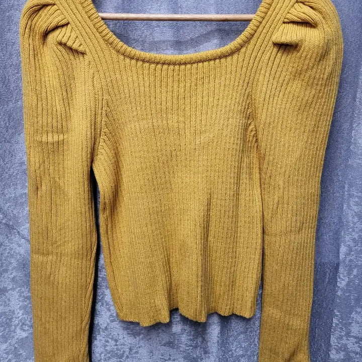 [BUNJANG] Mustard Yellow Square Neck Ribbed Knit Sweater / 머스타드 옐로우 스퀘어넥 골지 니트