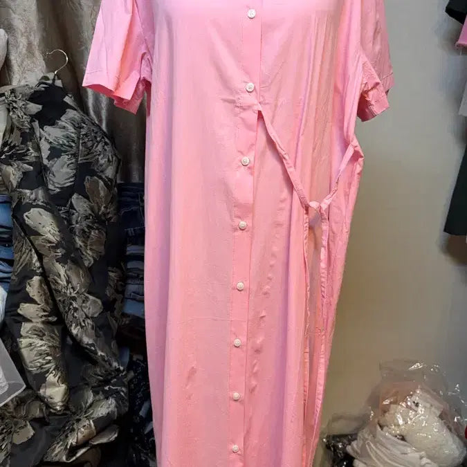 [BUNJANG] Pink Long Shirt Dress - Yellow, Plus Size / 핑크 롱 셔츠원피스 옐로우 빅사이즈