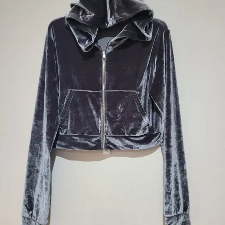 [BUNJANG] Velvet Cropped Hoodie Zip-up / 벨벳 크롭 후드 집업