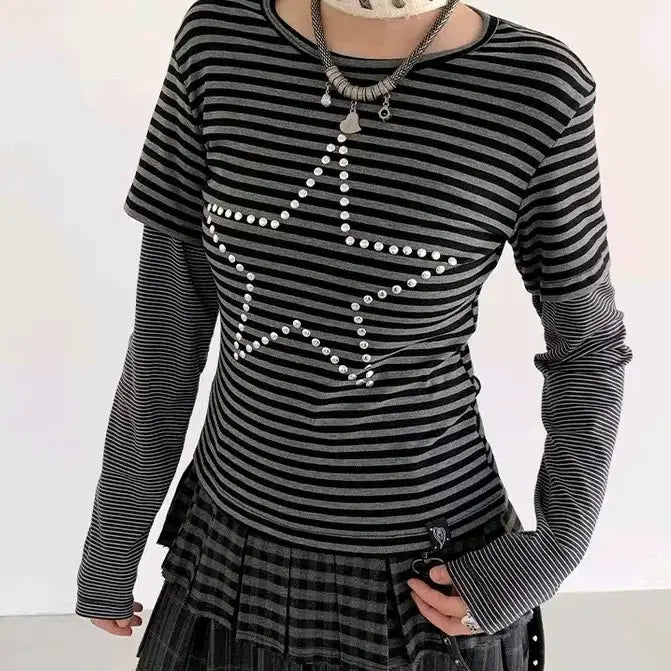 [BUNJANG] Y2K Striped Long Sleeve T-shirt / 줄무늬티셔츠 빅 스타 y2k 와투케 긴팔티 맨투맨 스트라이프 티셔츠 갸루
