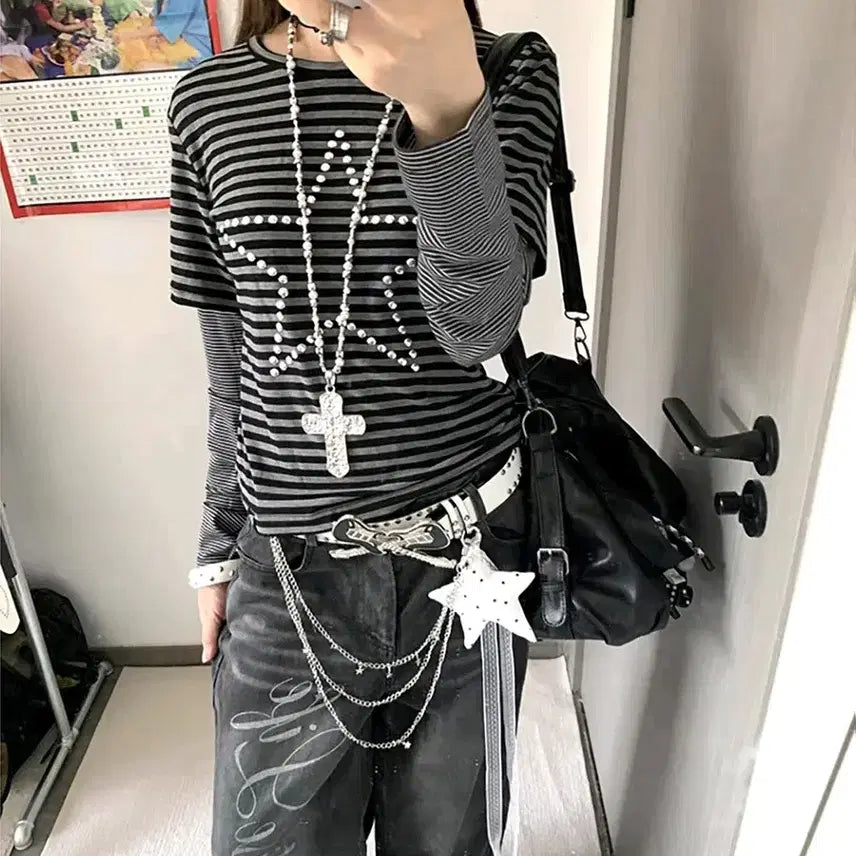 [BUNJANG] Y2K Striped Long Sleeve T-shirt / 줄무늬티셔츠 빅 스타 y2k 와투케 긴팔티 맨투맨 스트라이프 티셔츠 갸루