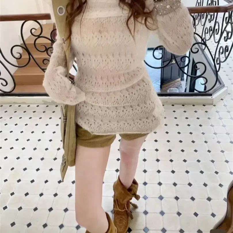 [BUNJANG] SHEIN Ivory See-Through Knit Off-Shoulder Top / 쉬인 시스루 긴팔 니트 아이보리 오프숄더