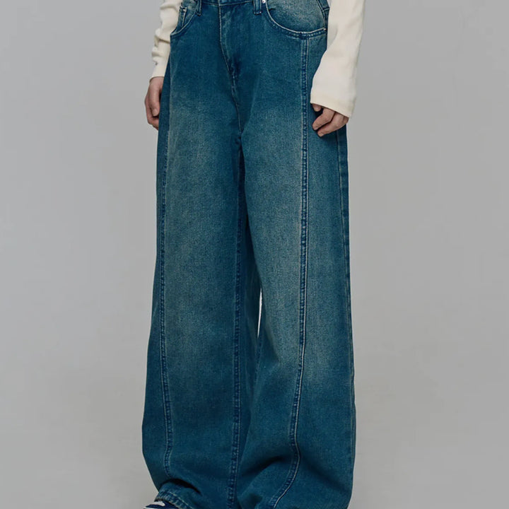 [BUNJANG] Chicks Color Block Wide Denim Pants (Medium Wash) / 새) 칙스 절개 와이드 데님 팬츠 중청 S, M 미개봉 새상품