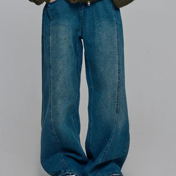 [BUNJANG] Chicks Color Block Wide Denim Pants (Medium Wash) / 새) 칙스 절개 와이드 데님 팬츠 중청 S, M 미개봉 새상품