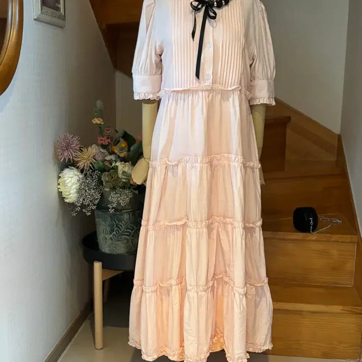 [BUNJANG] Cindy Pink Frill Long Dress / 핑크색 프릴 롱 원피스 리본 장식 신디