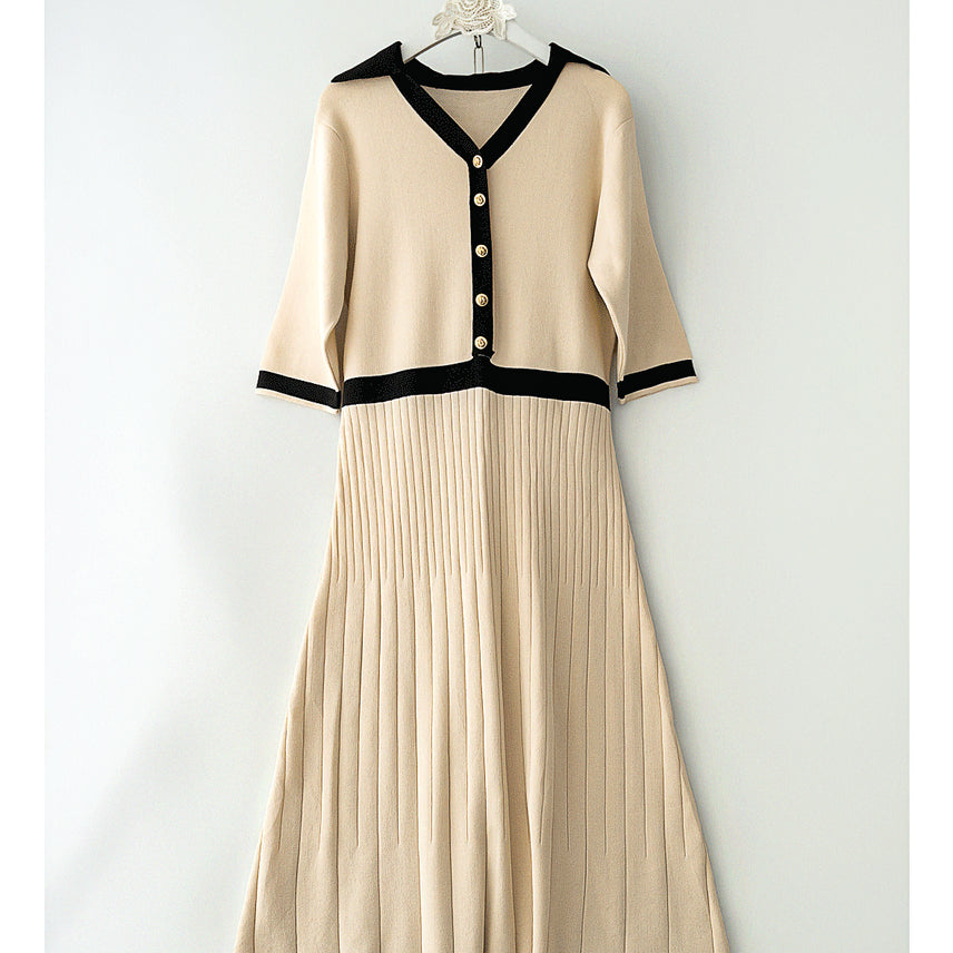 [BUNJANG] Color Block Collar Knit Pleated Dress / 55/ 배색 카라 니트 플리츠단ops