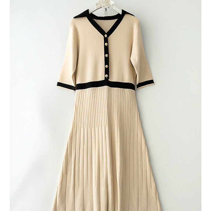 [BUNJANG] Color Block Collar Knit Pleated Dress / 55/ 배색 카라 니트 플리츠단ops