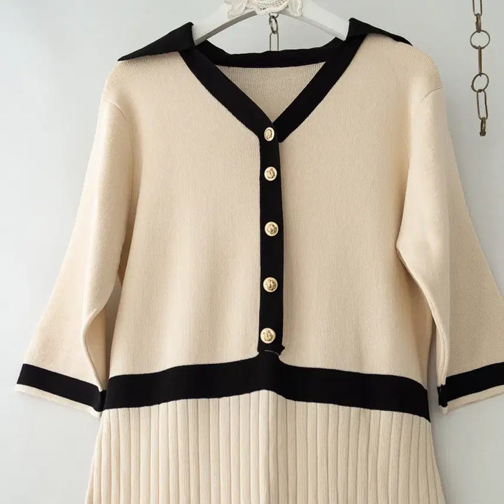 [BUNJANG] Color Block Collar Knit Pleated Dress / 55/ 배색 카라 니트 플리츠단ops