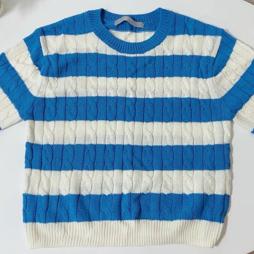 [BUNJANG] 8Seconds Striped Cable Knit Top / 에잇세컨즈 스트라이프 케이블 반팔 니트