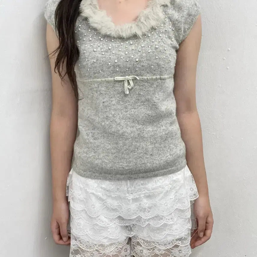 [BUNJANG] Vintage Fairy Pearl Ribbon Knit Top / 빈티지 페어리 퍼 진주 리본 니트 탑 로걀탑 잉그니 세실맥비