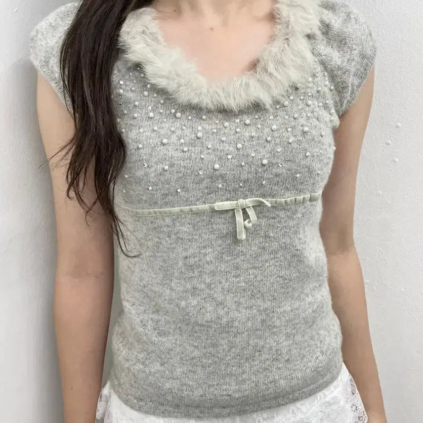 [BUNJANG] Vintage Fairy Pearl Ribbon Knit Top / 빈티지 페어리 퍼 진주 리본 니트 탑 로걀탑 잉그니 세실맥비