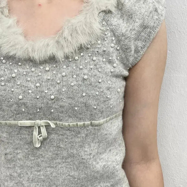 [BUNJANG] Vintage Fairy Pearl Ribbon Knit Top / 빈티지 페어리 퍼 진주 리본 니트 탑 로걀탑 잉그니 세실맥비