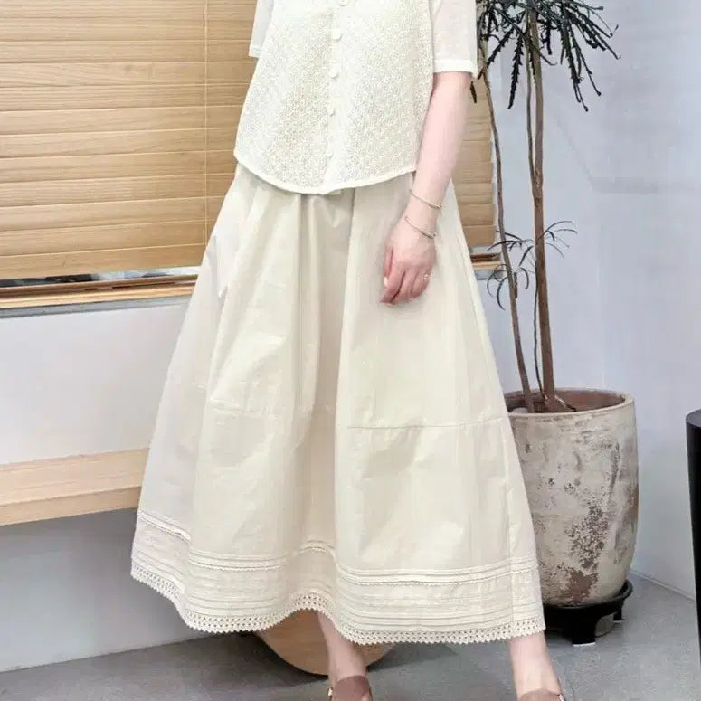 [BUNJANG] Premium Pleated Lace Long Skirt / [연베이지/차콜] 핀턱 레이스 롱스커트 / 고퀄리티 프리미엄 플레어 치마