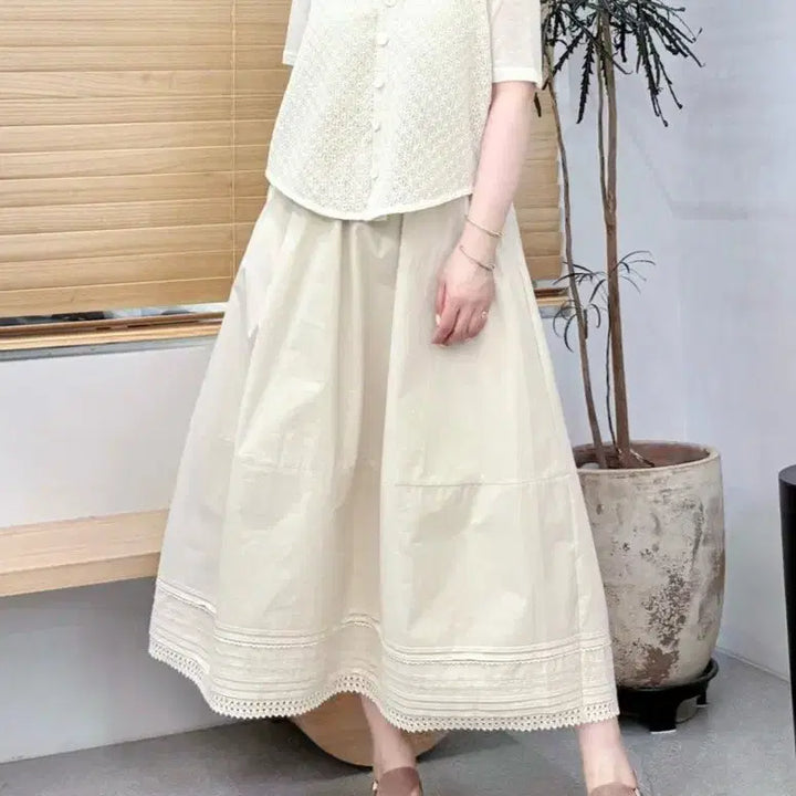 [BUNJANG] Premium Pleated Lace Long Skirt / [연베이지/차콜] 핀턱 레이스 롱스커트 / 고퀄리티 프리미엄 플레어 치마
