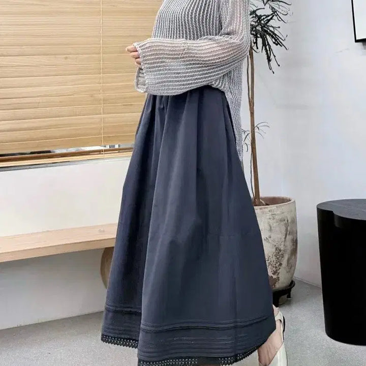 [BUNJANG] Premium Pleated Lace Long Skirt / [연베이지/차콜] 핀턱 레이스 롱스커트 / 고퀄리티 프리미엄 플레어 치마