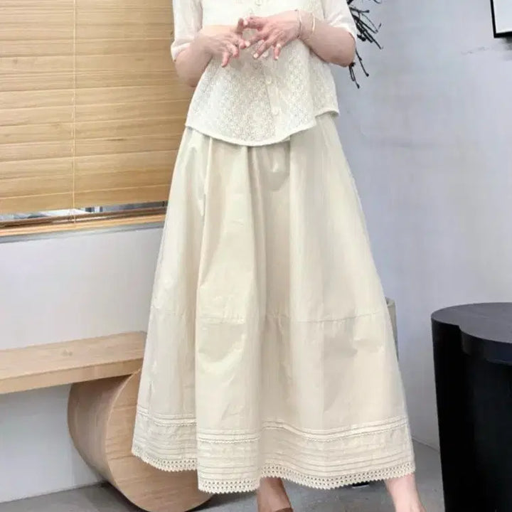 [BUNJANG] Premium Pleated Lace Long Skirt / [연베이지/차콜] 핀턱 레이스 롱스커트 / 고퀄리티 프리미엄 플레어 치마