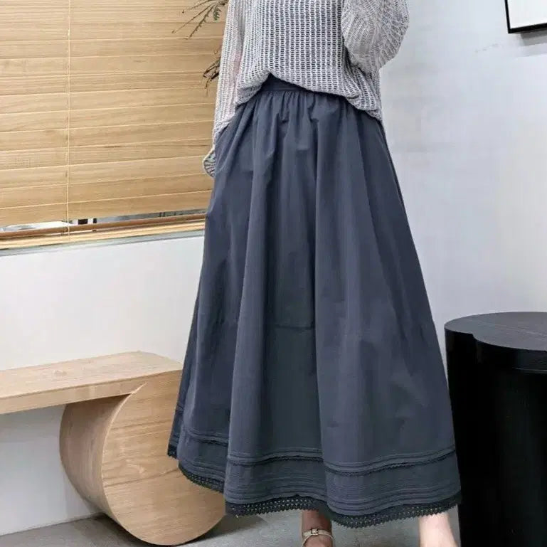 [BUNJANG] Premium Pleated Lace Long Skirt / [연베이지/차콜] 핀턱 레이스 롱스커트 / 고퀄리티 프리미엄 플레어 치마