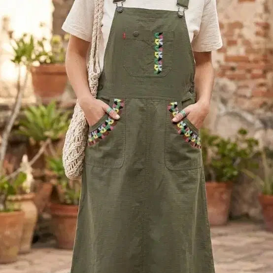 [BUNJANG] TITICACA Ethnic Embroidered Ripstop Overalls Dress / [FREE] TITICACA 에스닉 자수 립스탑 오버롤 원피스