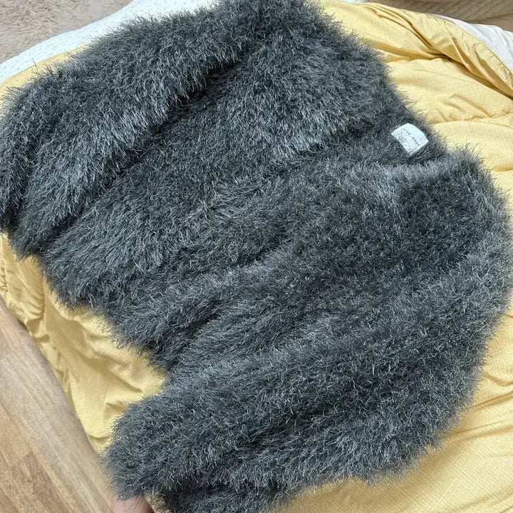 [BUNJANG] Boucle Fur Cardigan (Charcoal Gray) / 부클 퍼 가디건 (차콜그레이)