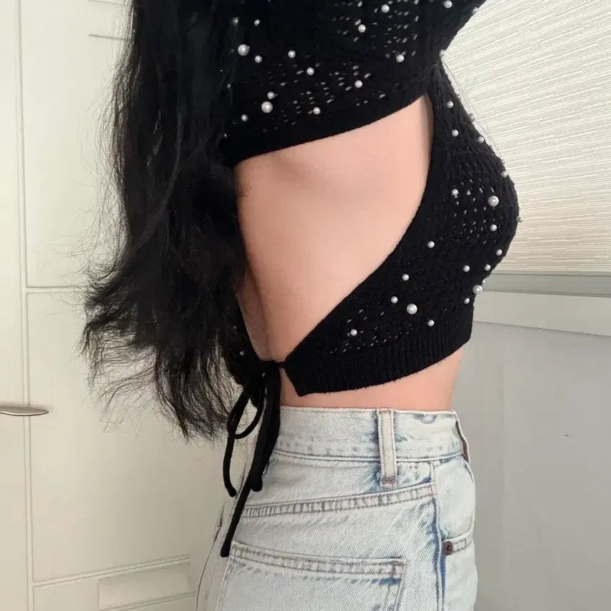 [BUNJANG] ZARA Pearl Detail Knit Top / ZARA 진주 니트 뒷트임