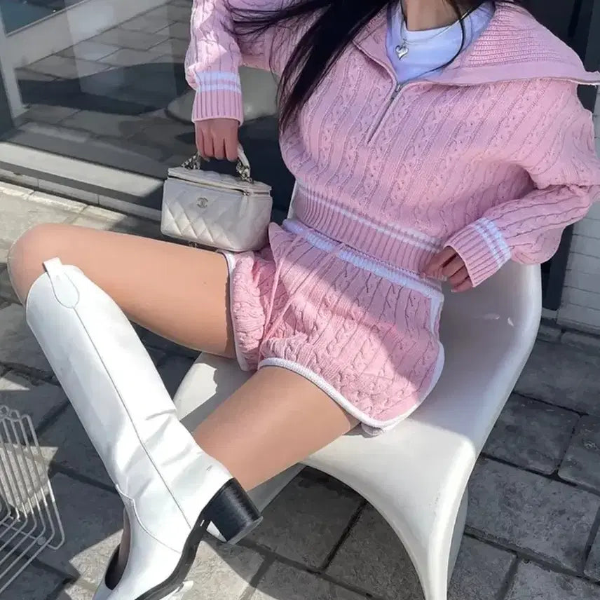 [BUNJANG] Sailor Collar Half Zip Anorak Cable Knit Set / [SET] 세일러 카라 반집업 아노락 꽈배기 케이블 니트 세트