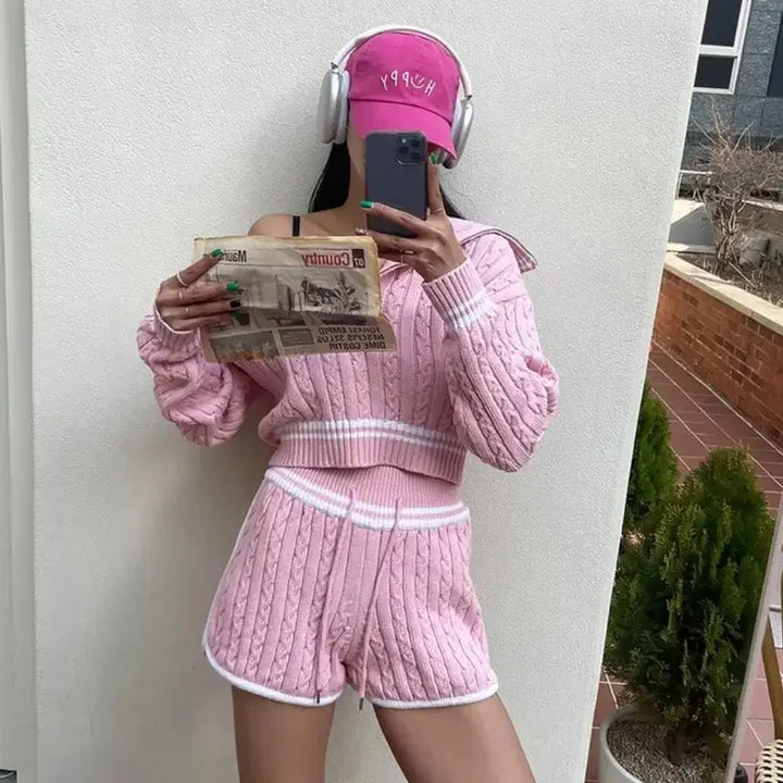 [BUNJANG] Sailor Collar Half Zip Anorak Cable Knit Set / [SET] 세일러 카라 반집업 아노락 꽈배기 케이블 니트 세트