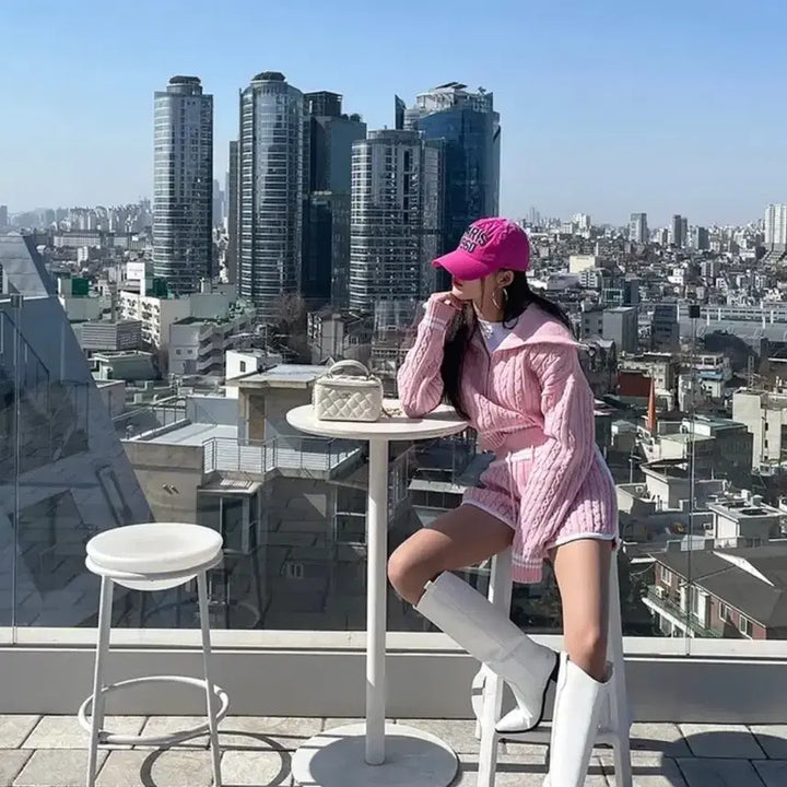 [BUNJANG] Sailor Collar Half Zip Anorak Cable Knit Set / [SET] 세일러 카라 반집업 아노락 꽈배기 케이블 니트 세트