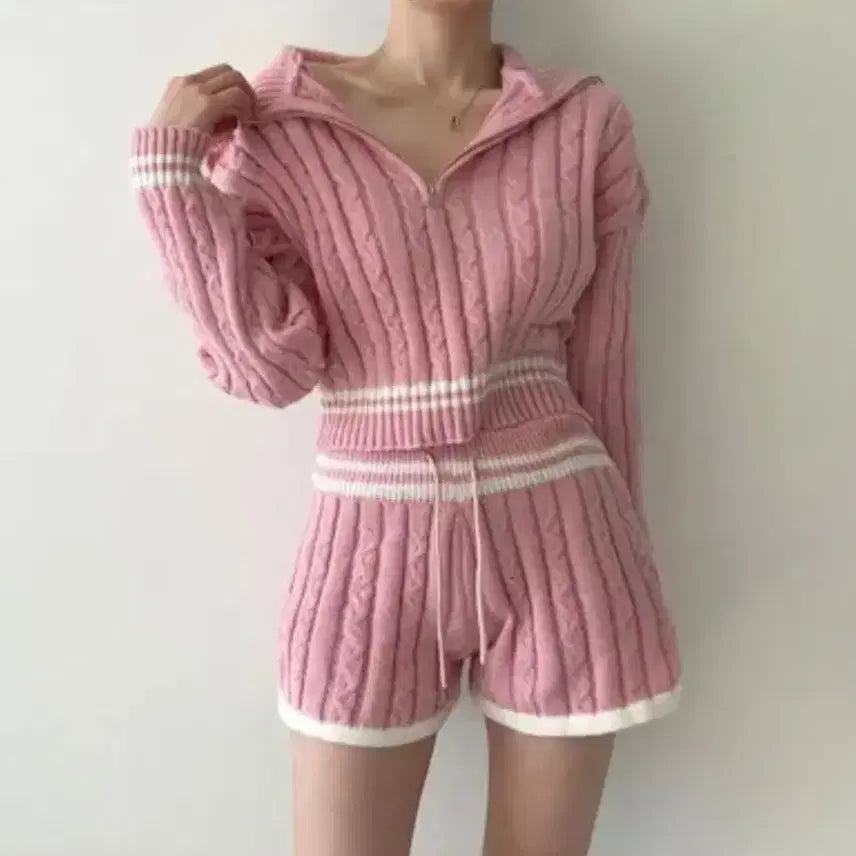 [BUNJANG] Sailor Collar Half Zip Anorak Cable Knit Set / [SET] 세일러 카라 반집업 아노락 꽈배기 케이블 니트 세트